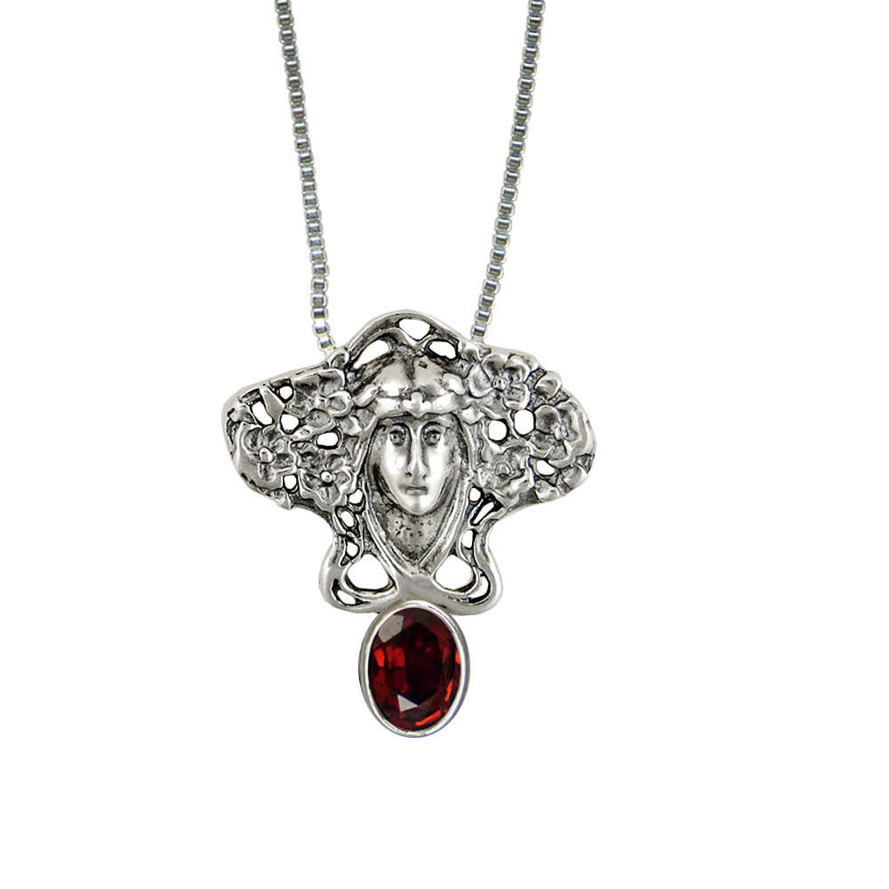 Sterling Silver Woman Maiden of the Misty Meadow Pendant Necklace With Garnet